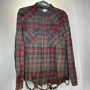 Men's Distressed Plaid Flannel Shirt